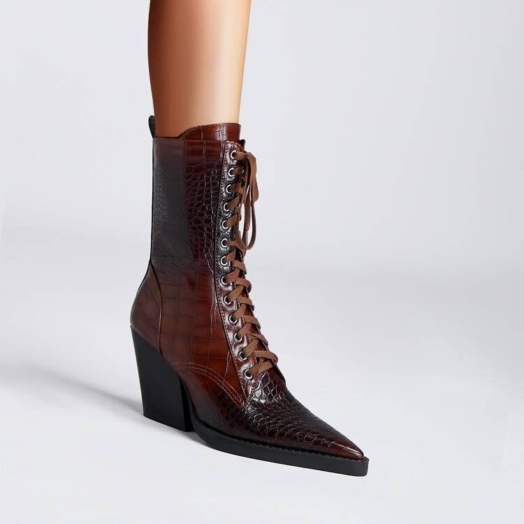 Retro Pointed Stone Pattern Chunky Heel Simple Lace High Heels Fashion Boots