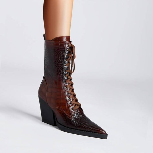 Retro Pointed Stone Pattern Chunky Heel Simple Lace High Heels Fashion Boots