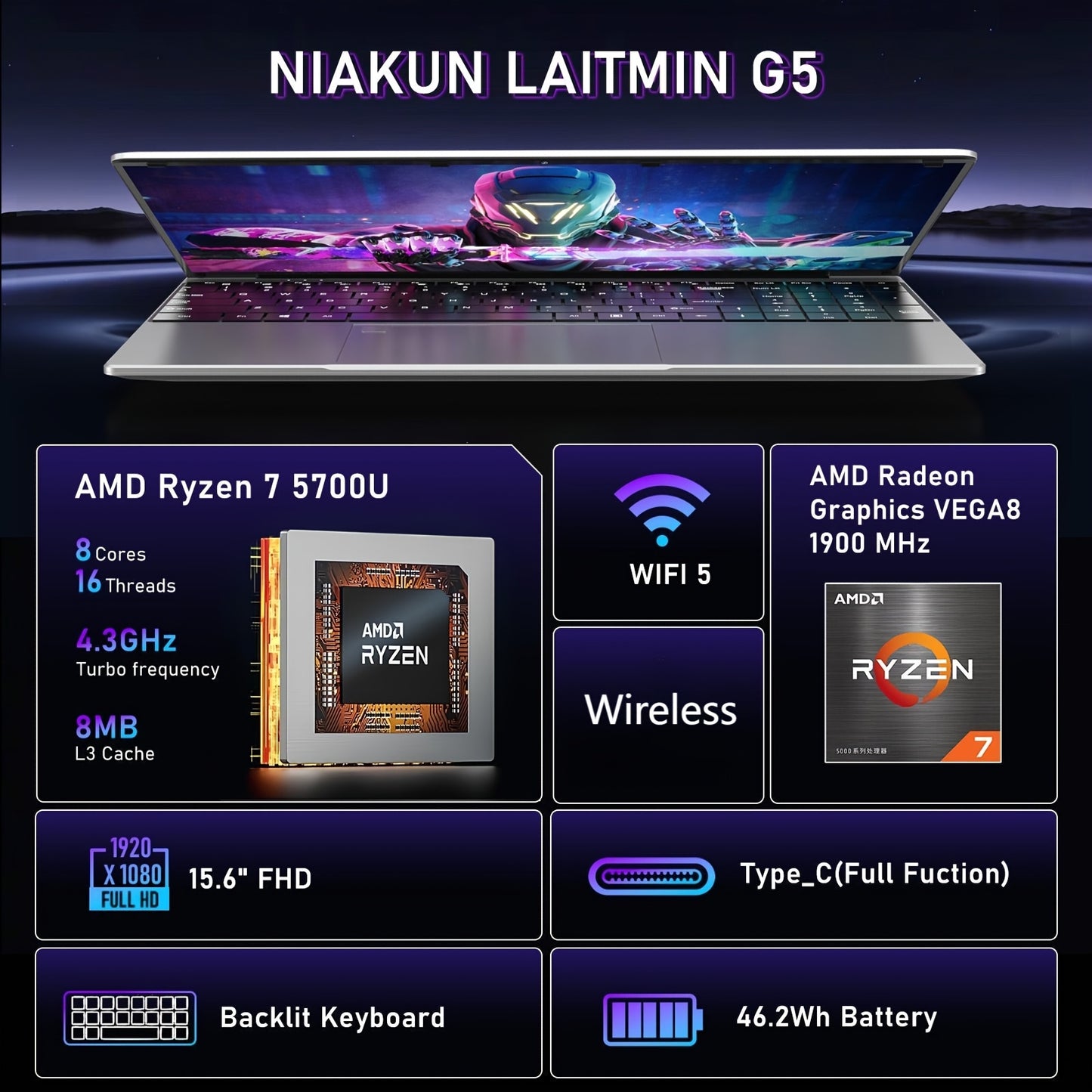 15.6 Inch Laptop Computer, Gaming Laptop, AMD Ryzen 7 5700U 8C/16T Processor(up to 4.3Ghz), 16GB RAM 1TB SSD, AMD Radeon Graphics, 15.6" FHD 1920 * 1080 Display, WiFi 5, BT5.0, Backlit Keyboard