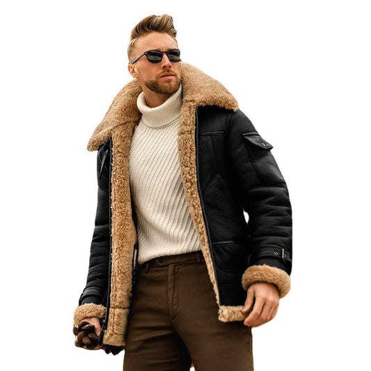 Leather and Fur Integrated Men's Jacket Thickened Mid length Jacket Autumn and Winter